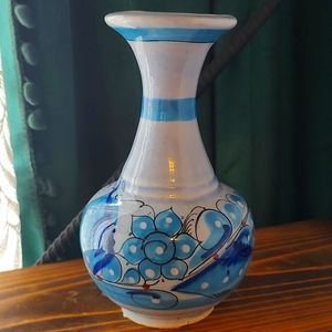 Mexican Pottery Vase Decor Flowers Butterfly Bird Art Painting Blue